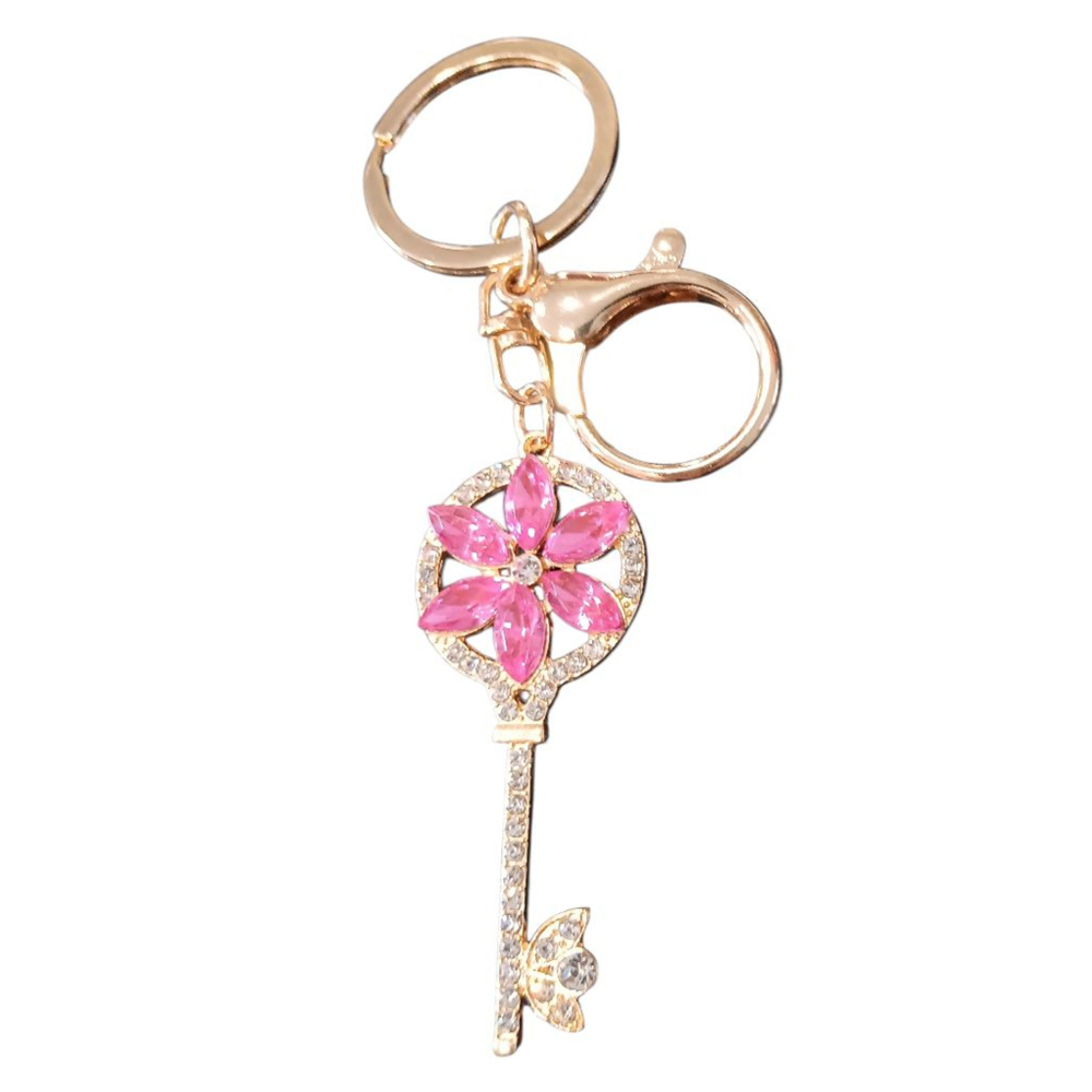 Floral Rhinestone Skeleton Key Keychain Purse Charm with Pink Flower